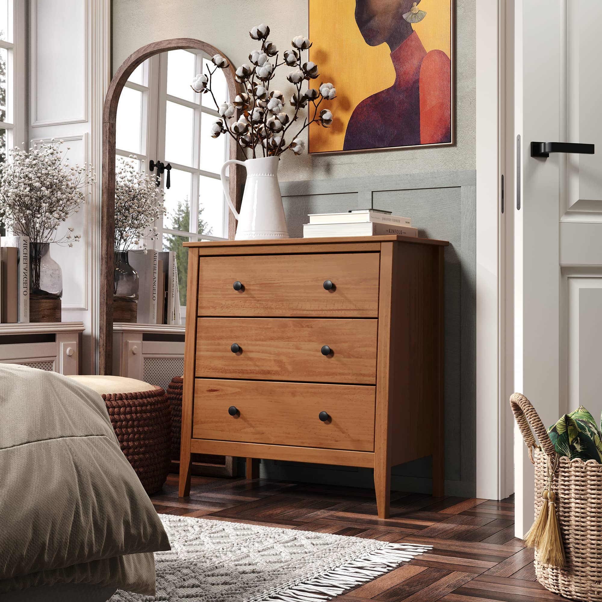Carmelo 3 Drawer Chest in bedroom setting