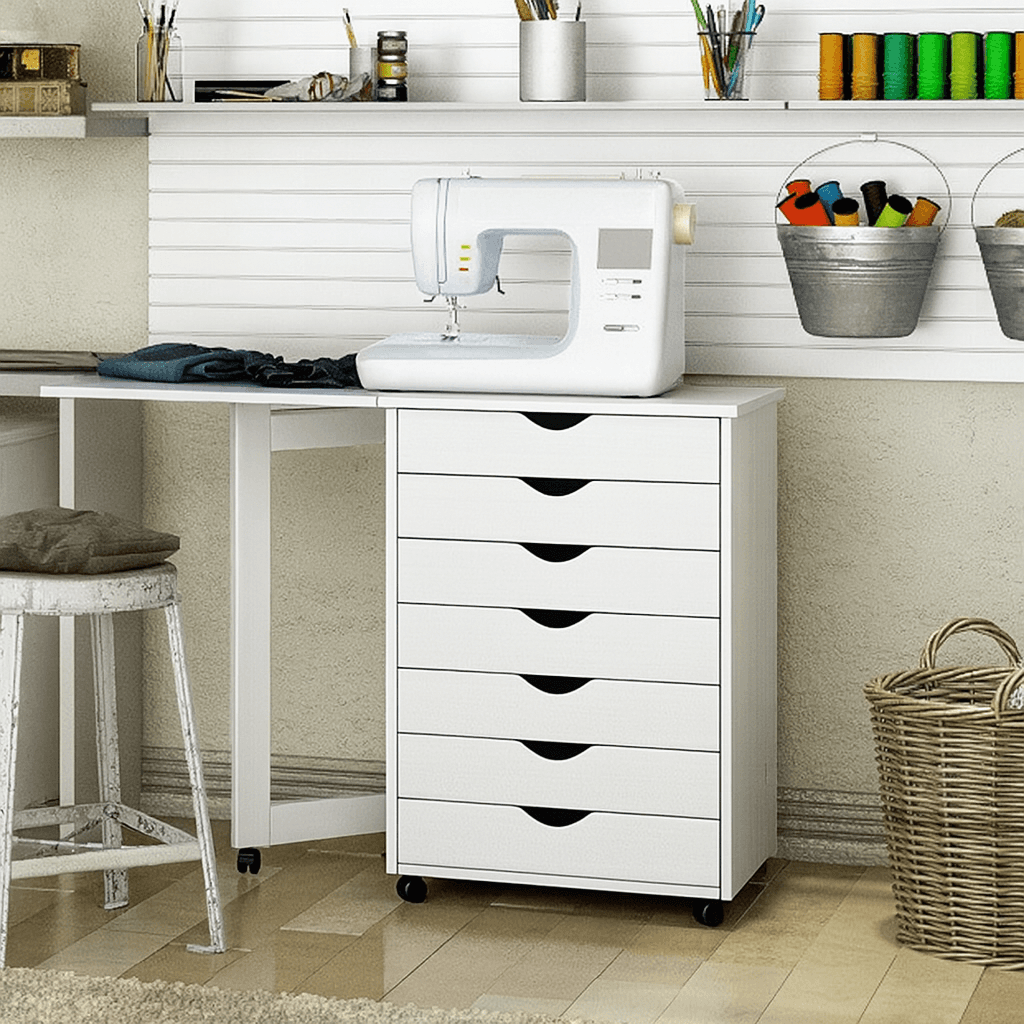 7 Drawer Wide Rolling Cart Features an expandable top for a bonus workspace. - view 11
